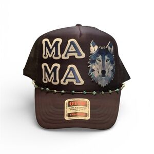 OOAK Mama Wolf Trucker Hat Handmade Statement Cap- Turquoise